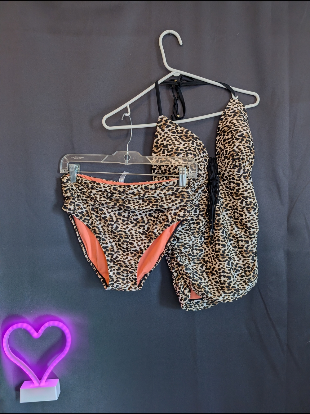 La Vie En Rose Leopard Print Bikini Set with Coral Lining Bright Full Coverage